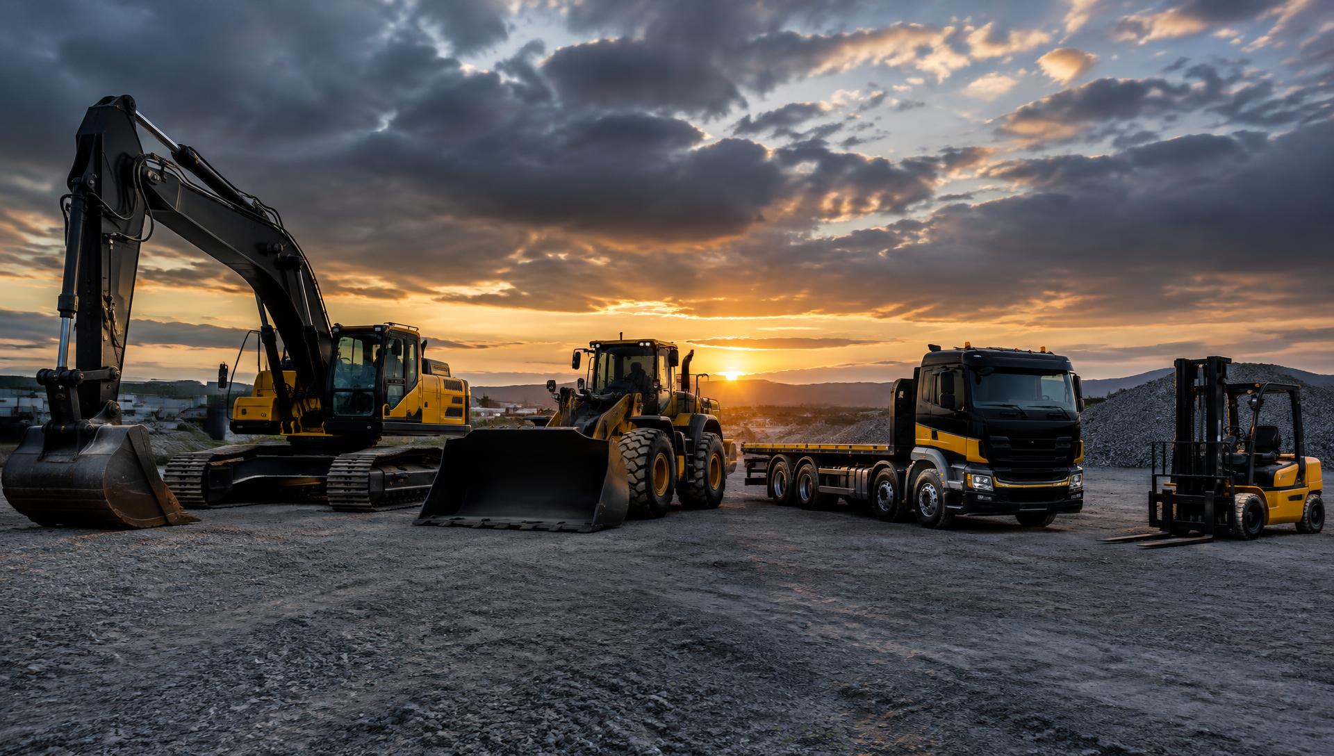 Graafmachine, wiellader, vrachtwagen en heftruck op een industrieterrein bij zonsondergang