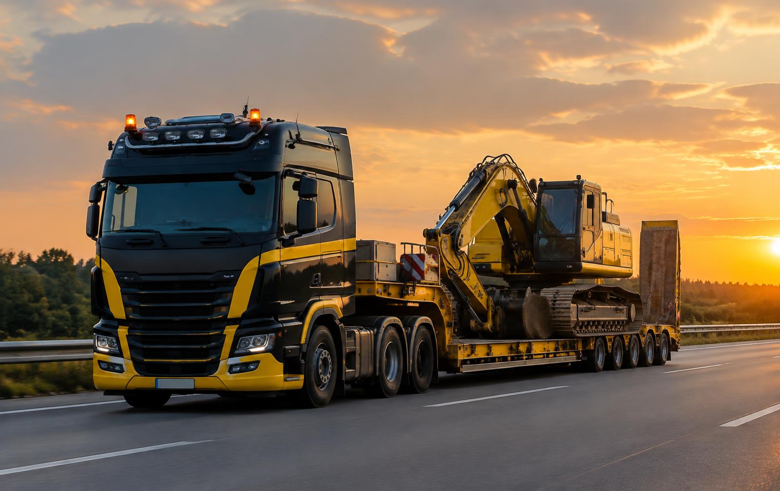 Vrachtwagen met dieplader transporteert een graafmachine bij zonsondergang