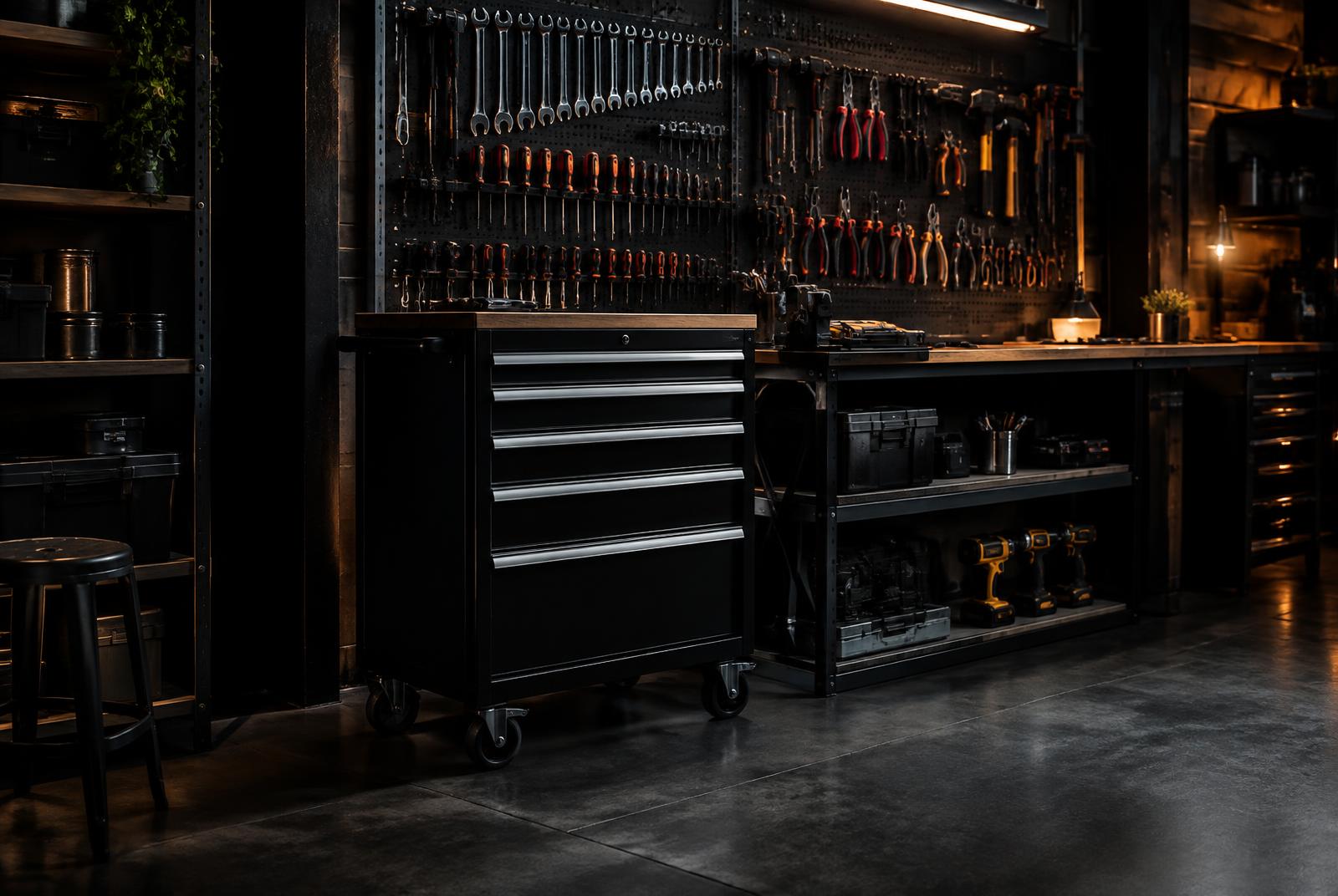 Professionele werkplaats met gereedschapswagen en gereedschapswand