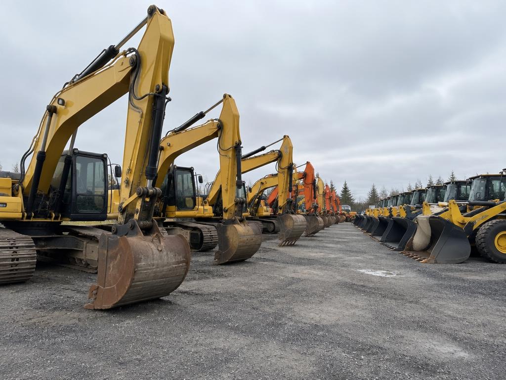 Rij gebruikte graafmachines en wielladers op een terrein